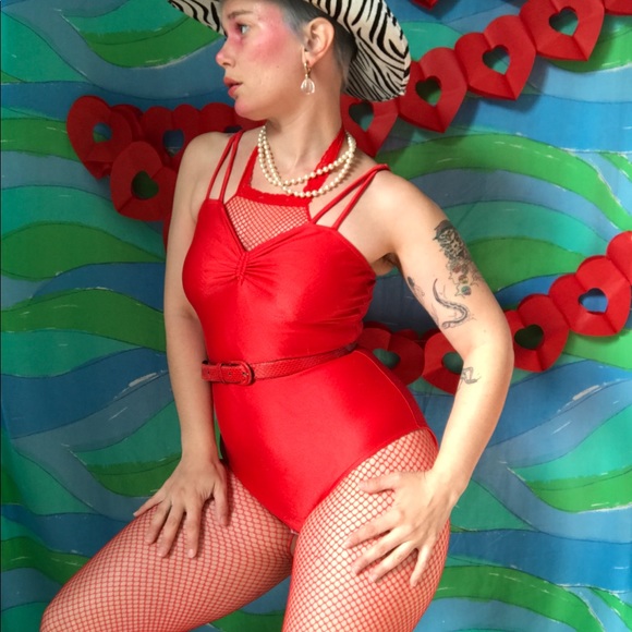 vintage 90s red one piece swimsuit ruched bust - Picture 2 of 5